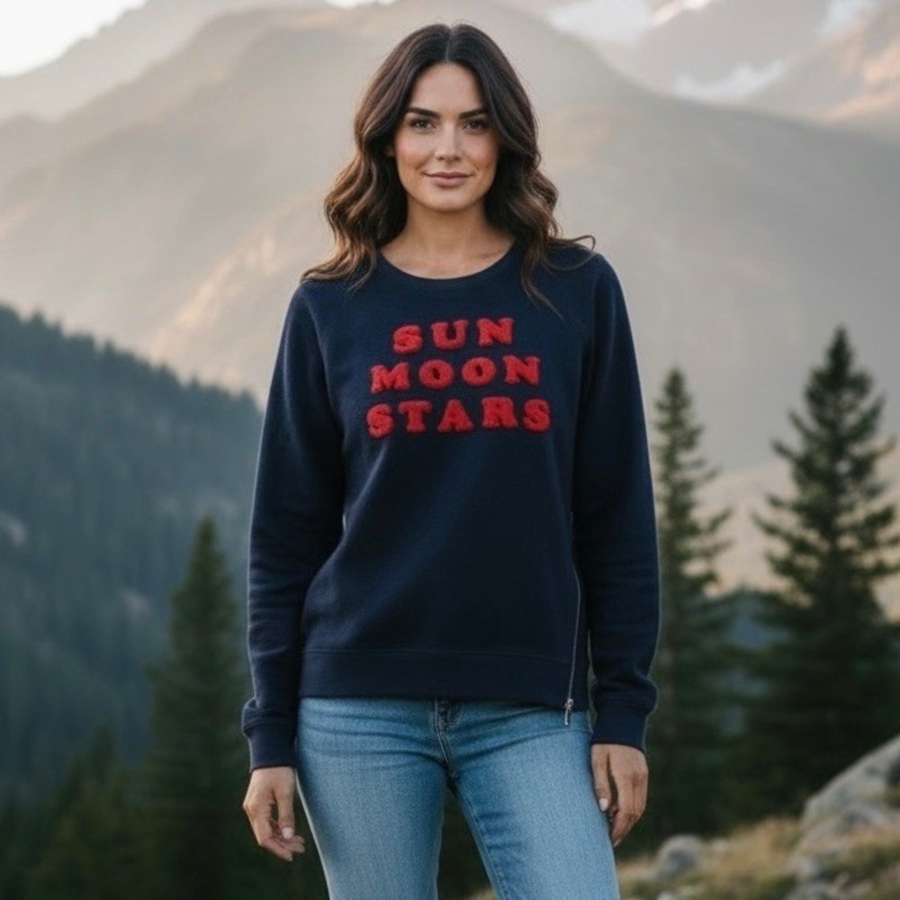 Sundry Side Zip Terry Sweatshirt Size 2 Navy Red‎ Sun Moon Stars Embroidered